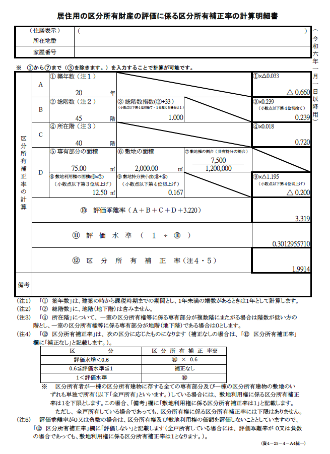 区分所有補正率の計算明細書の入力結果